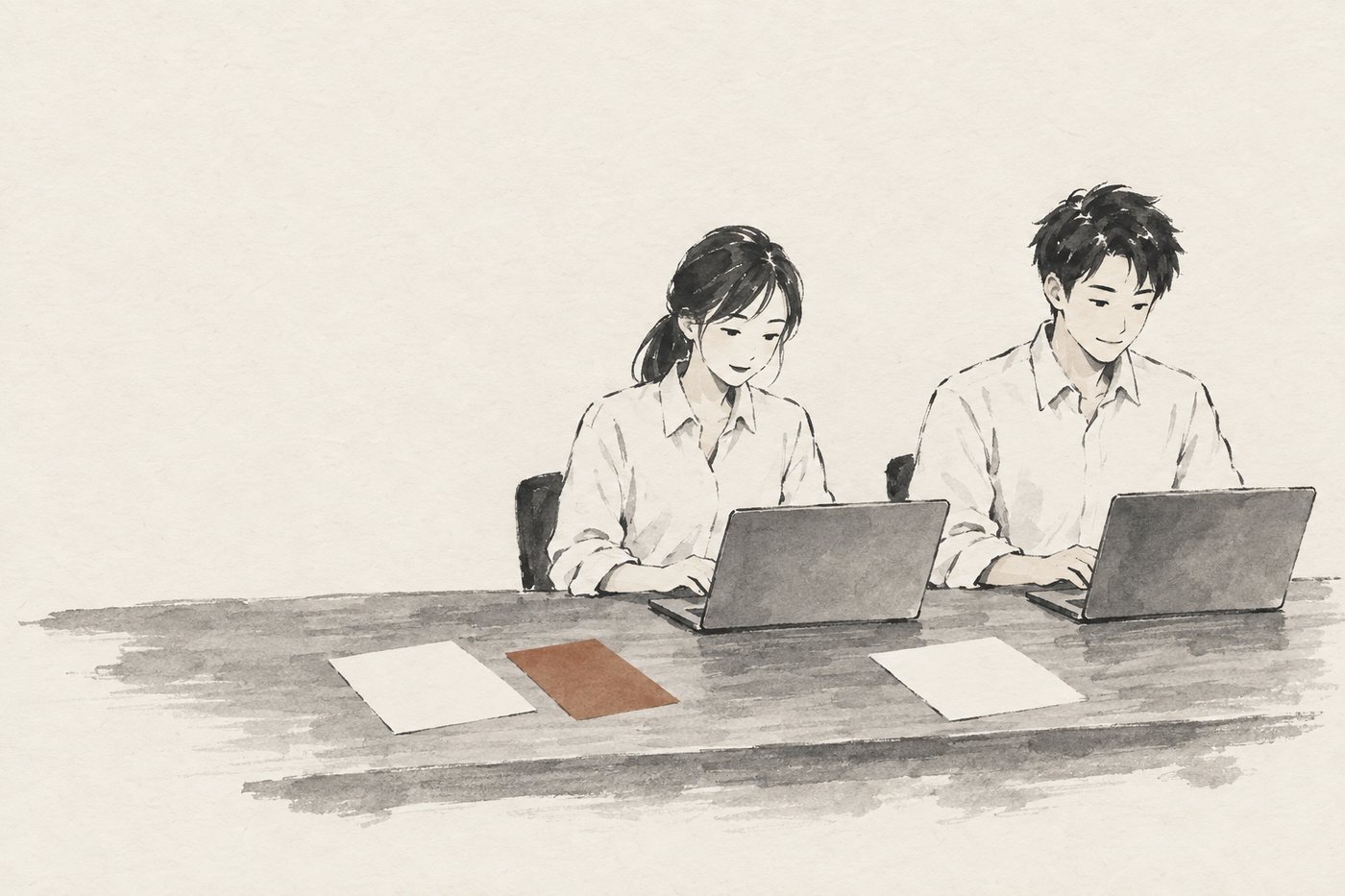 生成AIを使って提案書や販促物を作る社員のイラスト
