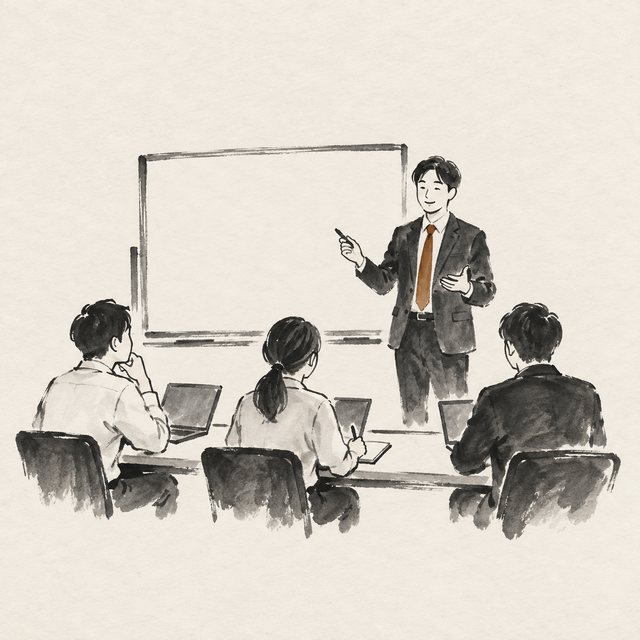 講師の話を聞きながら、社員さんが長机でノートを取る研修の様子（墨絵）